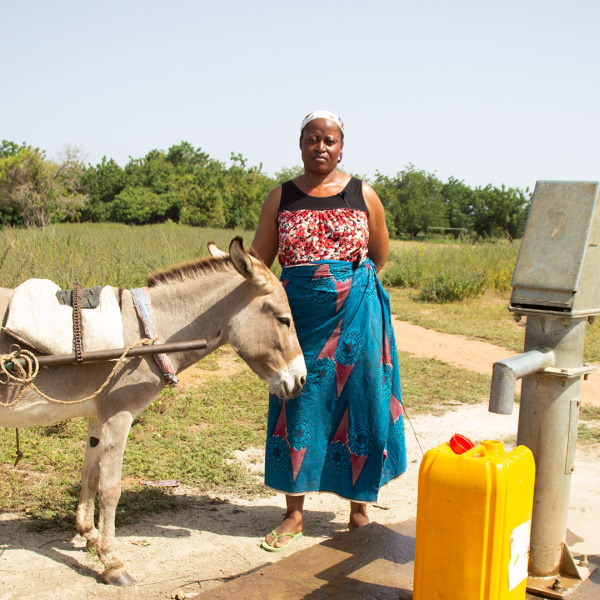 Mariama Braiamah at the borehole with donkeys