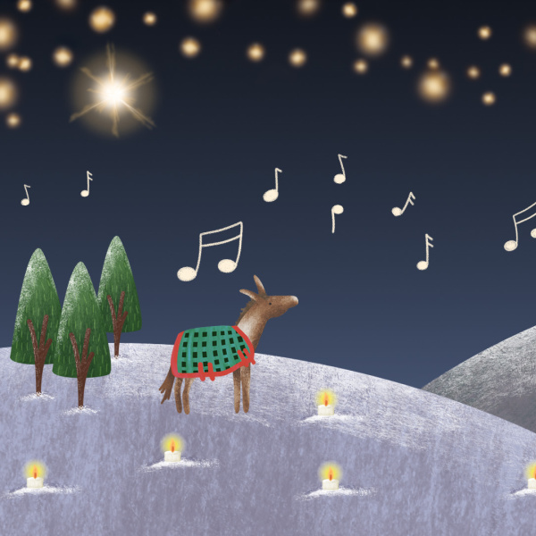 Carols by Candlelight with donkey on snowy hillside