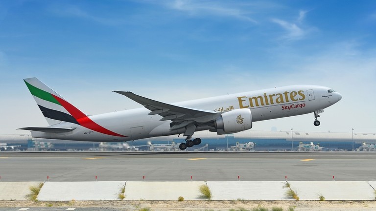 Emirates SkyCargo Freighter taking off.