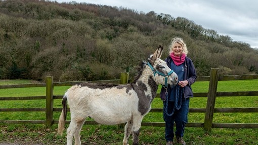 Rescue donkey Oliver with groom Lisa Coles.