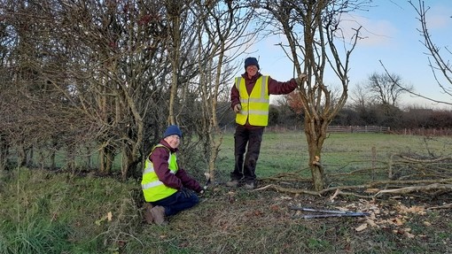 Volunteers Karen and David using traditional conservation methods at Sidmouth.