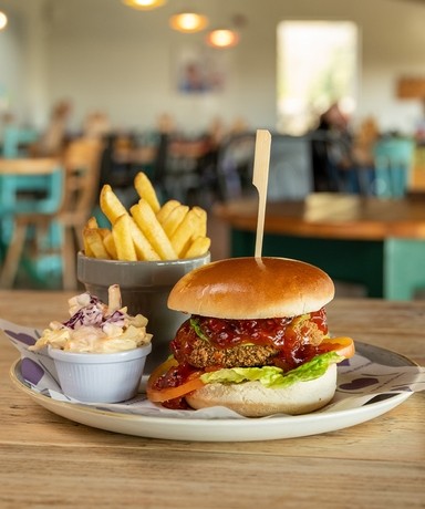 A vegan burger with fries and coleslaw on a plate