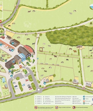 An illustrated map of The Donkey Sanctuary Sidmouth sanctuary