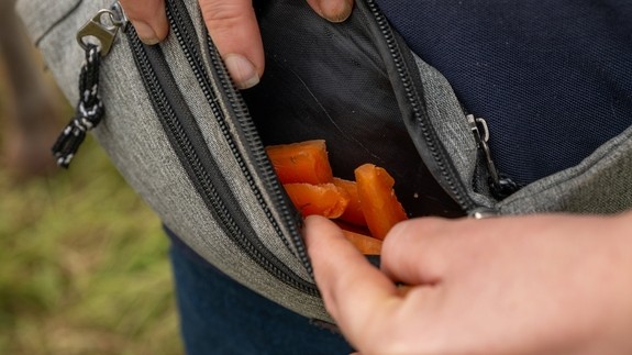 A small bag filled with carrot sticks for donkey behaviour training