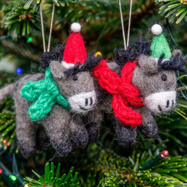 Felt donkey decorations hanging in Christmas tree