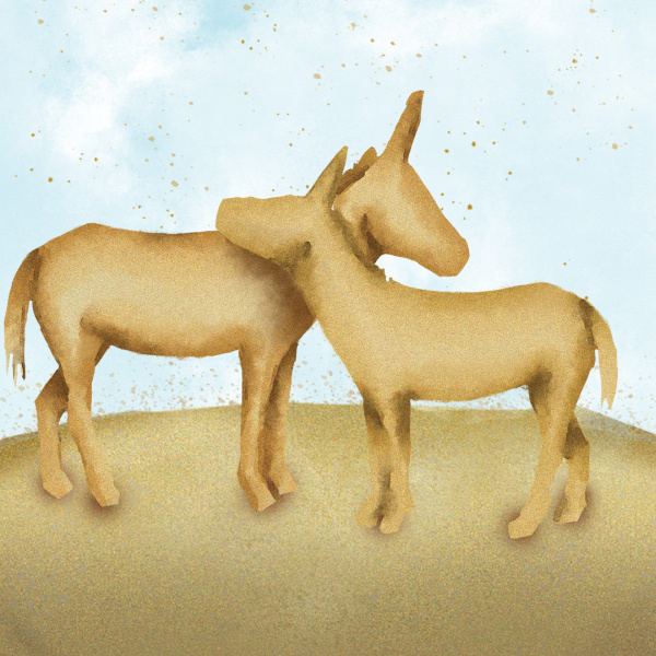 Graphic illustration of two donkeys made from sand leaning on each other against a blue background