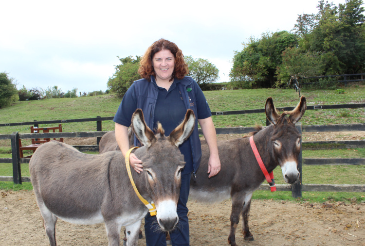 Donkey welfare adviser Ciara standing with a pair of donkeys