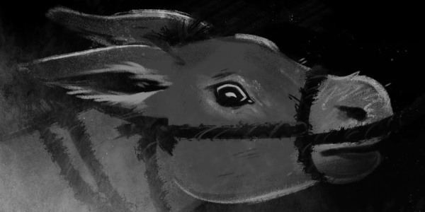Still from Innocent Lives animation, close up of donkey's face