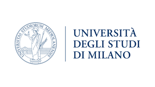 A blue logo with a circular illustration and the words 'Universita degli studi di milano'