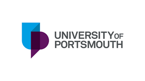 A logo with a blue and purple design and text ' University of Portsmouth'