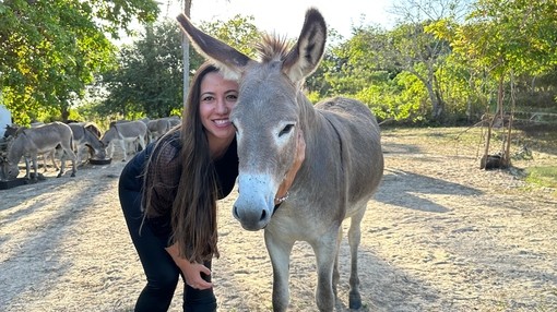 A women stood next to a grey donkey