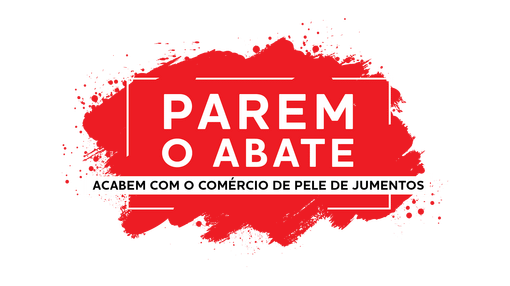 A red logo with white text which reads: Parem o abate acabem com o comércio de pele de jumentos no Brasil