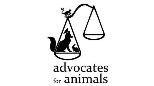 A black logo showing a two sided weighing scale with a fox, rabbit and monkey on the left scale. Beneath the scale the logo reads 'advocates for animals'.