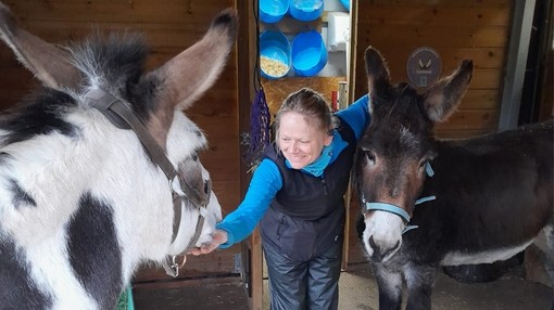 A white and brown spotted donkey and a small brown donkey stood either side of a women.