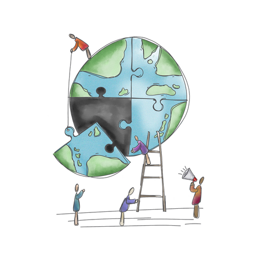 Illustration of globe divided into jigsaw pieces.