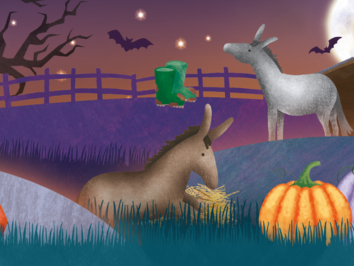 A digital illustration featuring donkeys, pumpkins and bats in a spooky setting.