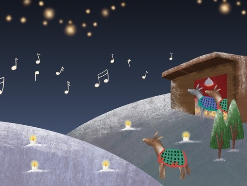 Two donkeys stood in a shelter and a donkey stood on a snowy hill looking up at a night sky with musical notes