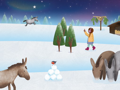 illustrated donkeys in a wonderland scene