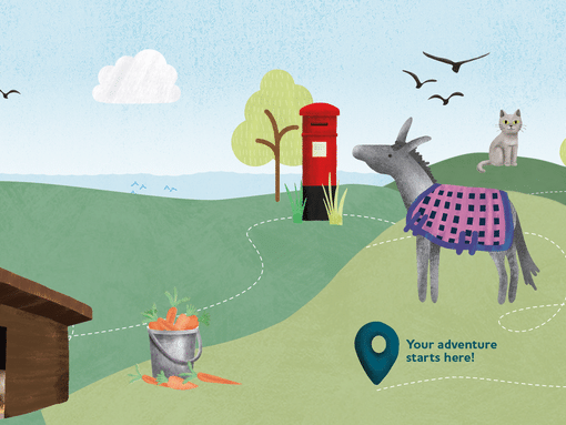 illustrated donkeys and figure in magnifying glass
