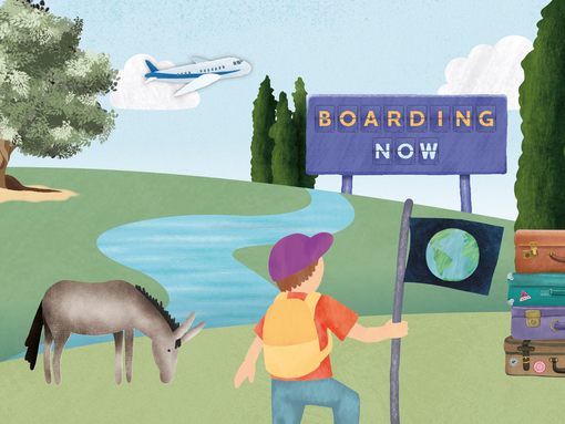 illustrated donkey, boy holding a flag, suitcases and airplane with a boarding now sign