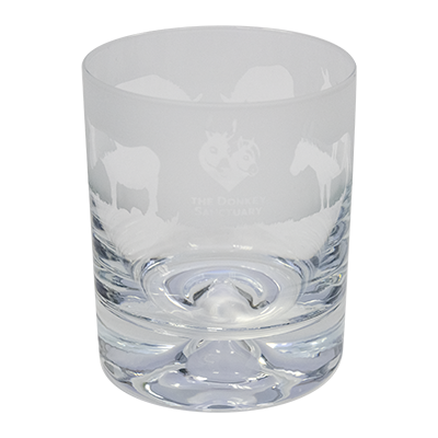 Crystal whisky tumbler etched with donkey silhouette and Donkey Sanctuary logo.