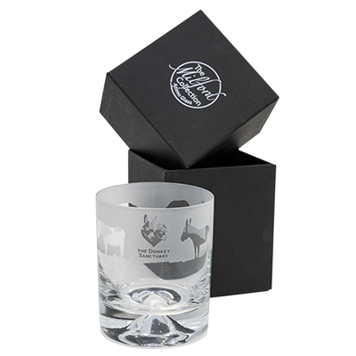 Crystal whisky tumbler etched with donkey silhouette and Donkey Sanctuary logo with gift box.