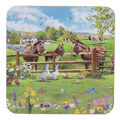 Single view of Drinks coaster featuring illustration of three donkeys in a meadow. Laminated top, cork bottom.
