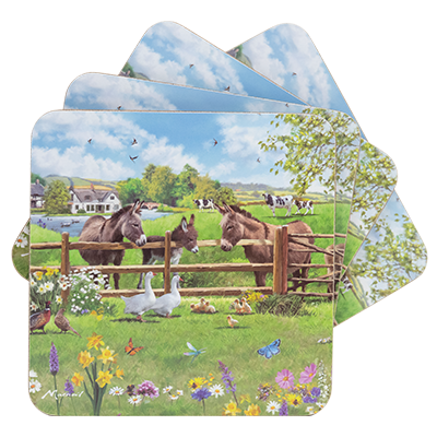 Multiple view of Drinks coaster featuring illustration of three donkeys in a meadow. Laminated top, cork bottom.