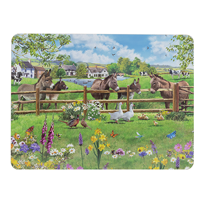 Single view of Cork backed placemat featuring five donkeys amid an idyllic farmyard scene. Laminated top for heat resistance and easy cleaning.