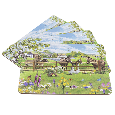Multiple view of Cork backed placemat featuring five donkeys amid an idyllic farmyard scene. Laminated top for heat resistance and easy cleaning.