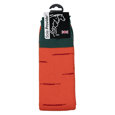 Luxuriously thick 18" long riding or welly sock, in vivid orange. Green top and Donkey Sanctuary lettering.