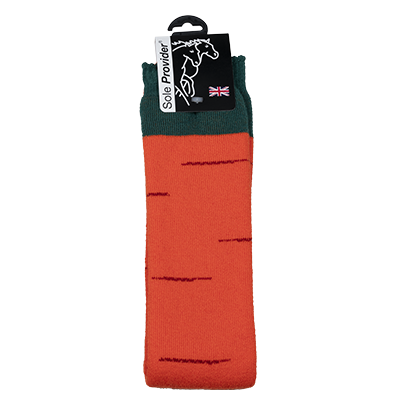 Luxuriously thick 24" long riding or welly sock, in vivid orange. Green top and Donkey Sanctuary lettering.