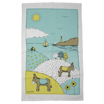 Tea towel with a pair of donkeys peacefully in pasture with a coastal background.
