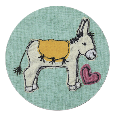 Coaster featuring a delightful illustration of grey donkey with yellow blanket and red sweetheart.