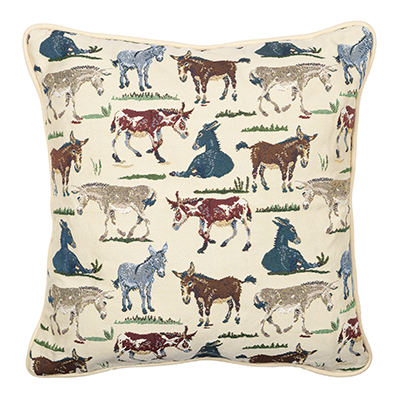 Chair cushion covered with tapestry design featuring dozens of delighted donkeys in various positions.