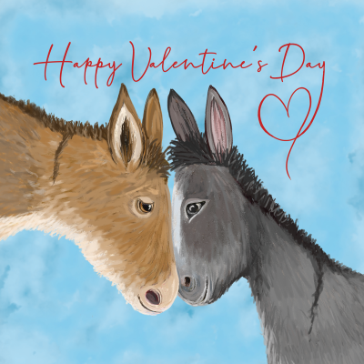Happy Valentine's Day card with illustration of a brown and grey donkey nuzzling together, against a blue wash background.