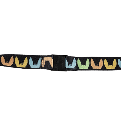 Lanyard for keys and ID's featuring colourful donkey ears on a black background.