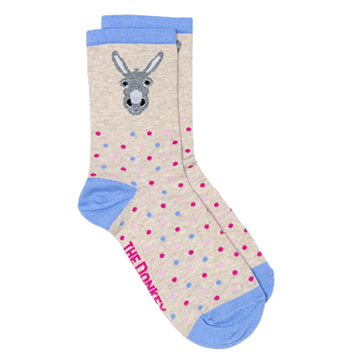 Gorgeous women's socks with pink and blue polka dots, grey donkey face and blue toe, heel and top.