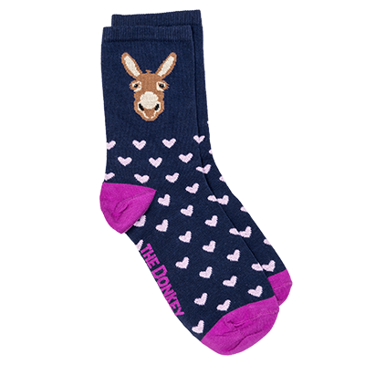 Delightful women's socks in blue, with a brown donkey face and liberally sprinkled with pink hearts.