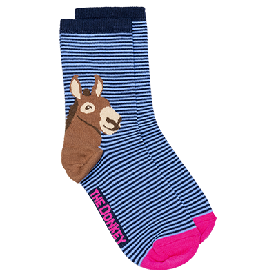 Navy blue women's socks with lighter blue stripes, plus a brown donkey design around the heel area.