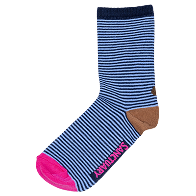 Navy blue women's socks with lighter blue stripes, plus a brown donkey design around the heel area.