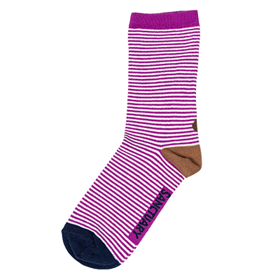 Pink women's socks with stripes and a brown donkey design around the heel area.
