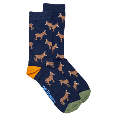 Blue men's socks featuring a herd of brown donkeys, a green toe and orange heel.