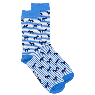 Blue striped men's socks with a multitude of dark blue donkeys, and blue toe, heel and top.