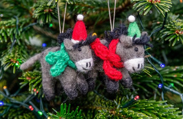 Felt donkey decorations hanging in Christmas tree