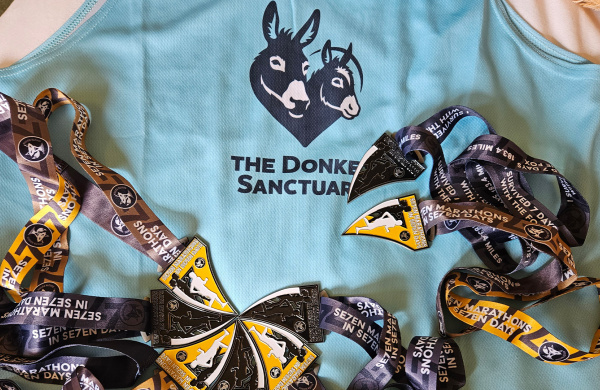 Clive Poole's The Donkey Sanctuary running vest and medals
