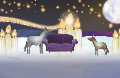 An illustration of two donkeys standing either side of a sofa, with a starry night background