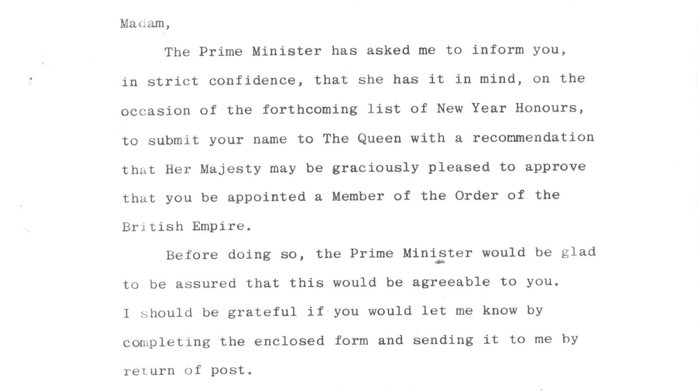 New Years Honours recommendation letter from 10 Downing Street cropped