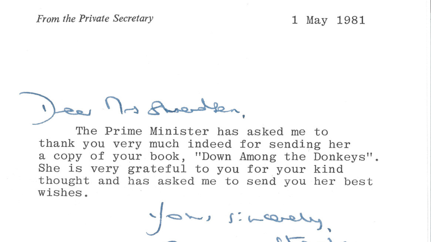 A letter of thanks for 'Down Among the Donkeys' from the Private Secretary