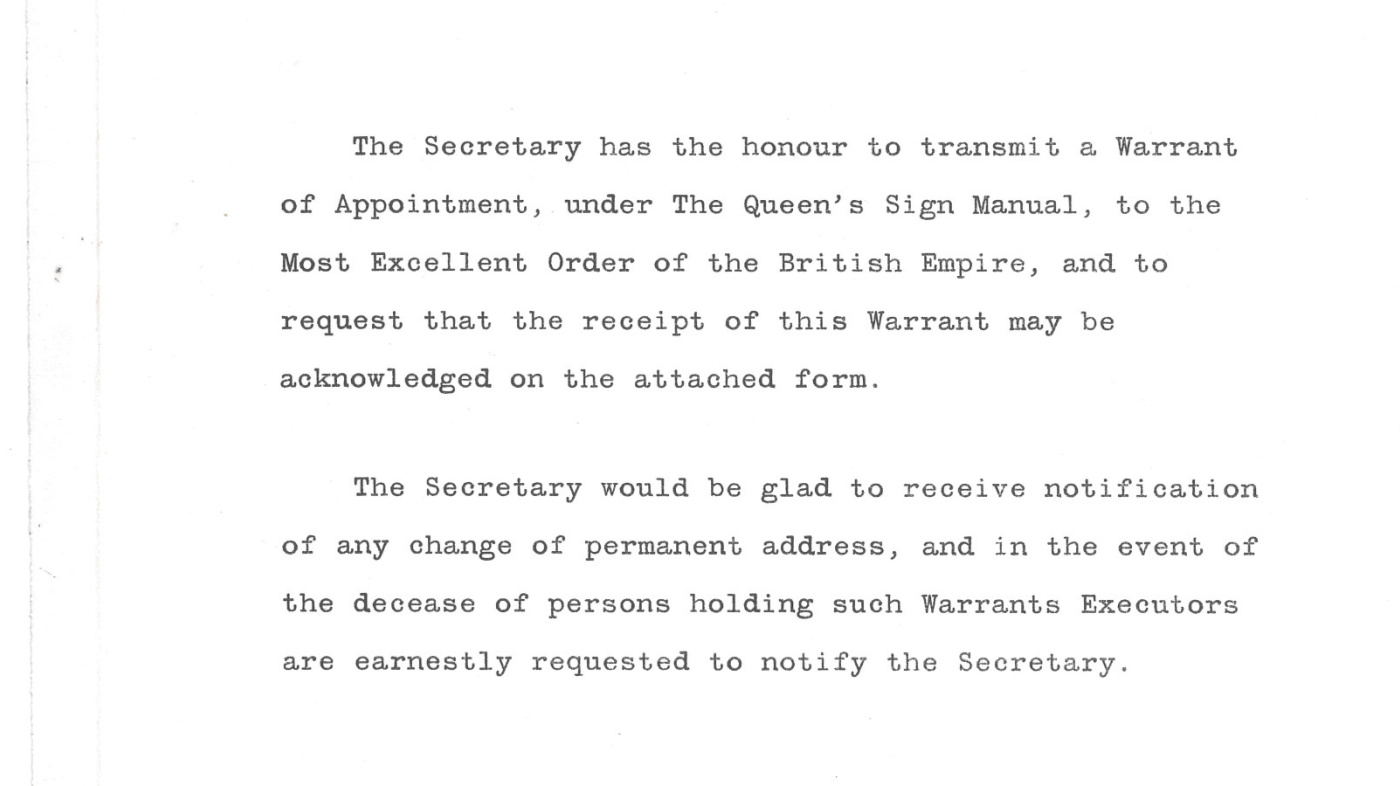 Dr Svendsen's Warrant of Appointment to the Most Excellent Order of the British Empire cropped
